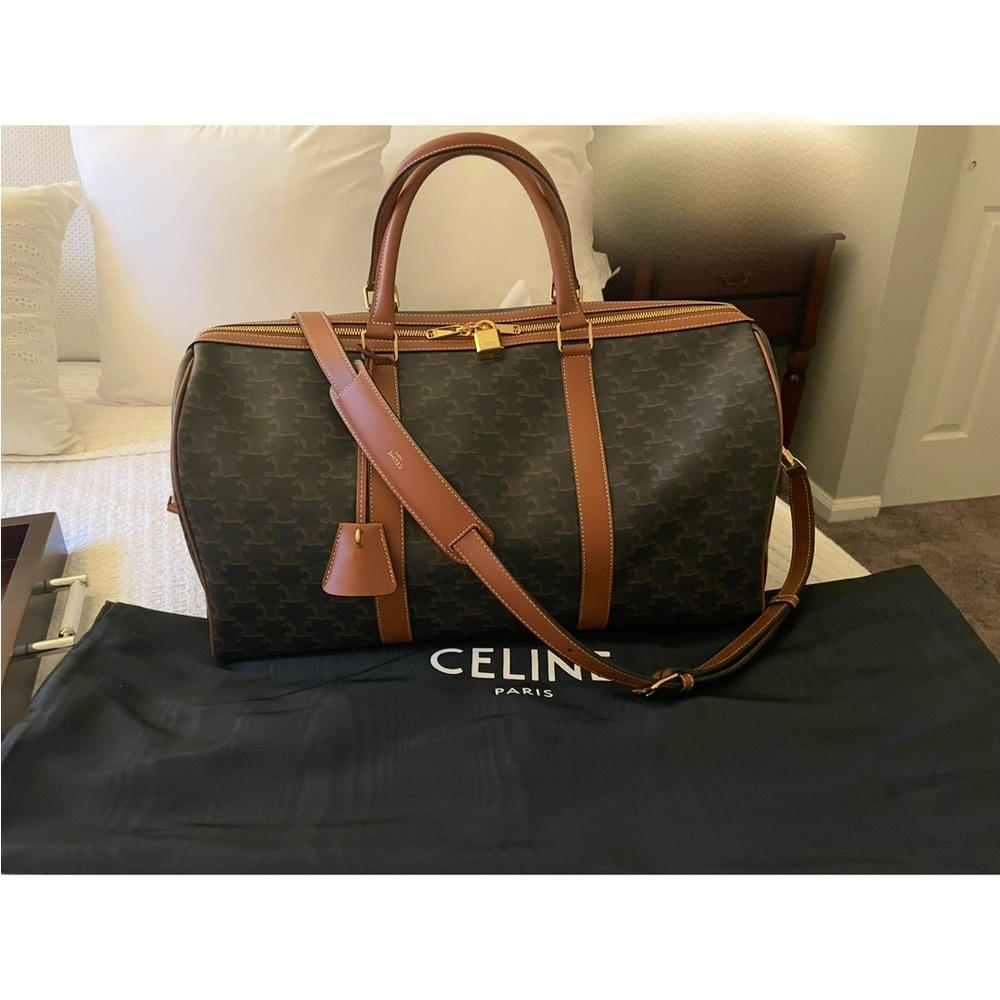 Celine Medium Travel Bag In Triomphe Canvas and Calfskin Leather